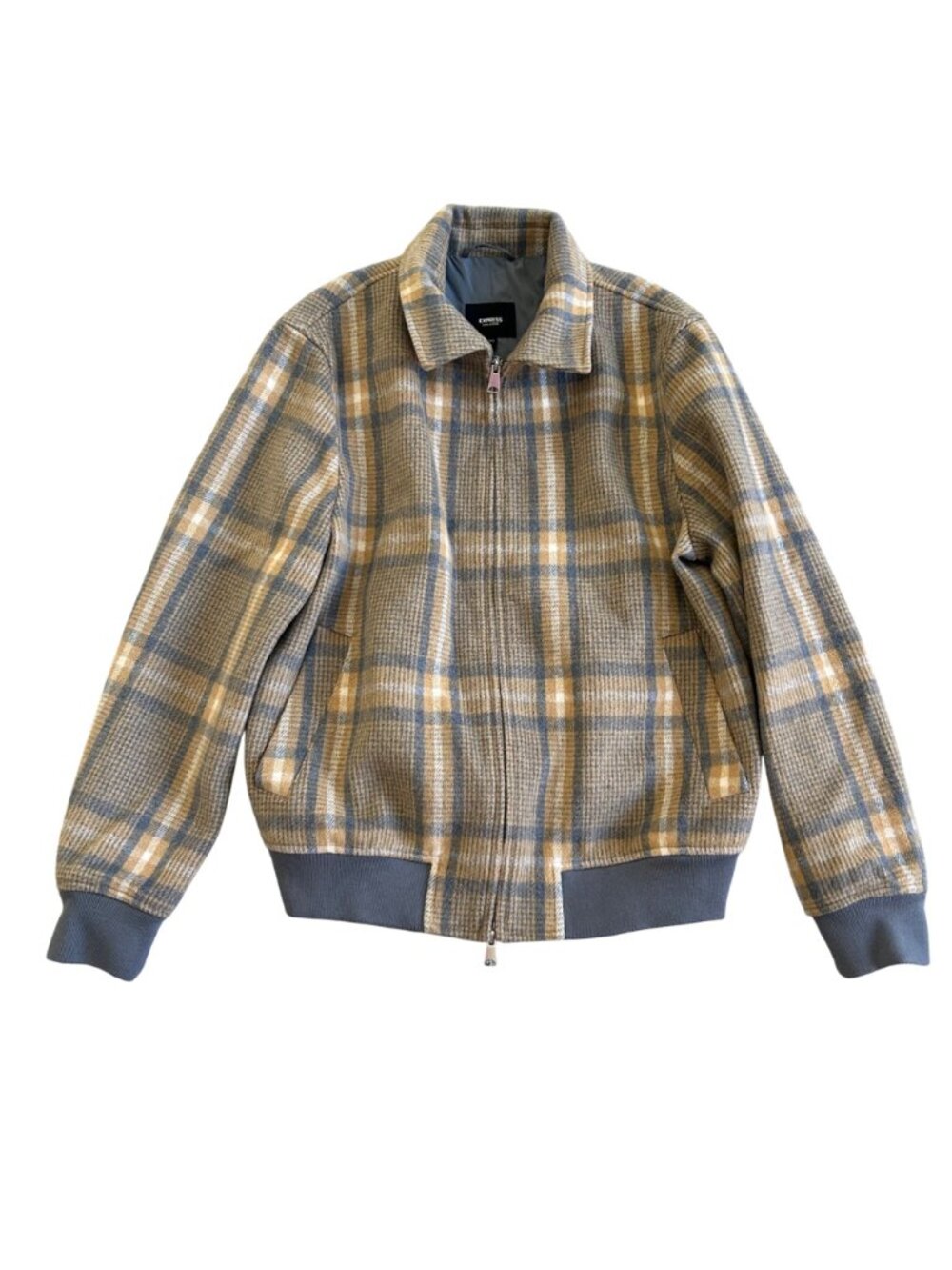 Express Men's Sz Medium Beige & Gray Plaid Bomber Jacket Water Resistant - Picture 9 of 9
